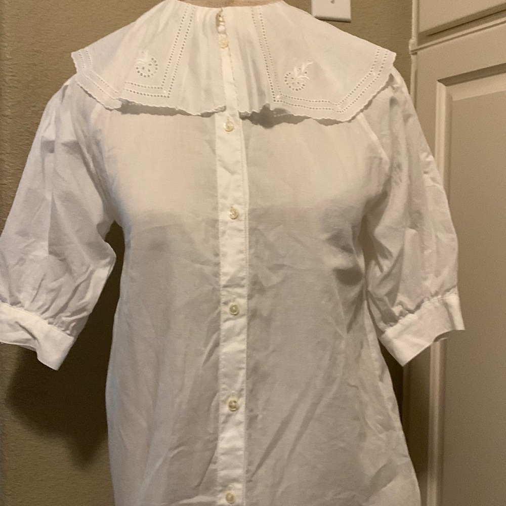 Vintage GEIGER Top Blouse Ruffle Eyelet  Scalloped Collar Baumwolle Cotton 34